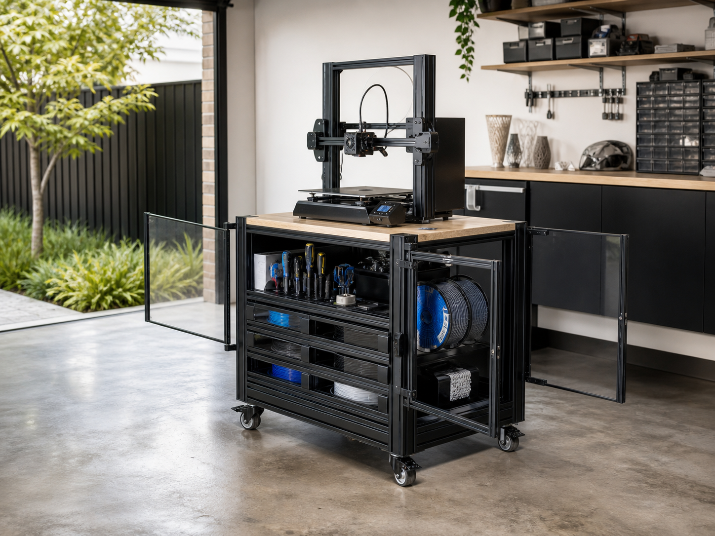 Illustrative MODUSMITH mobile 3D printer workstation with material and tool storage