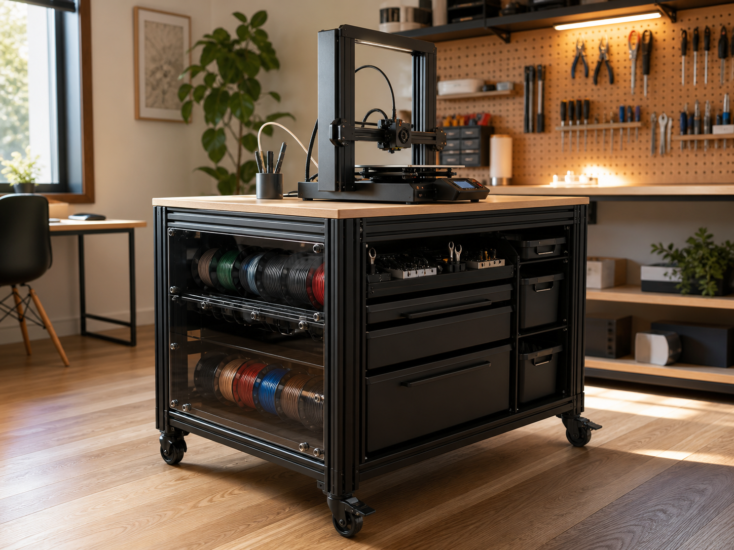 Illustrative modular 3D printer storage workbench with filament drawers