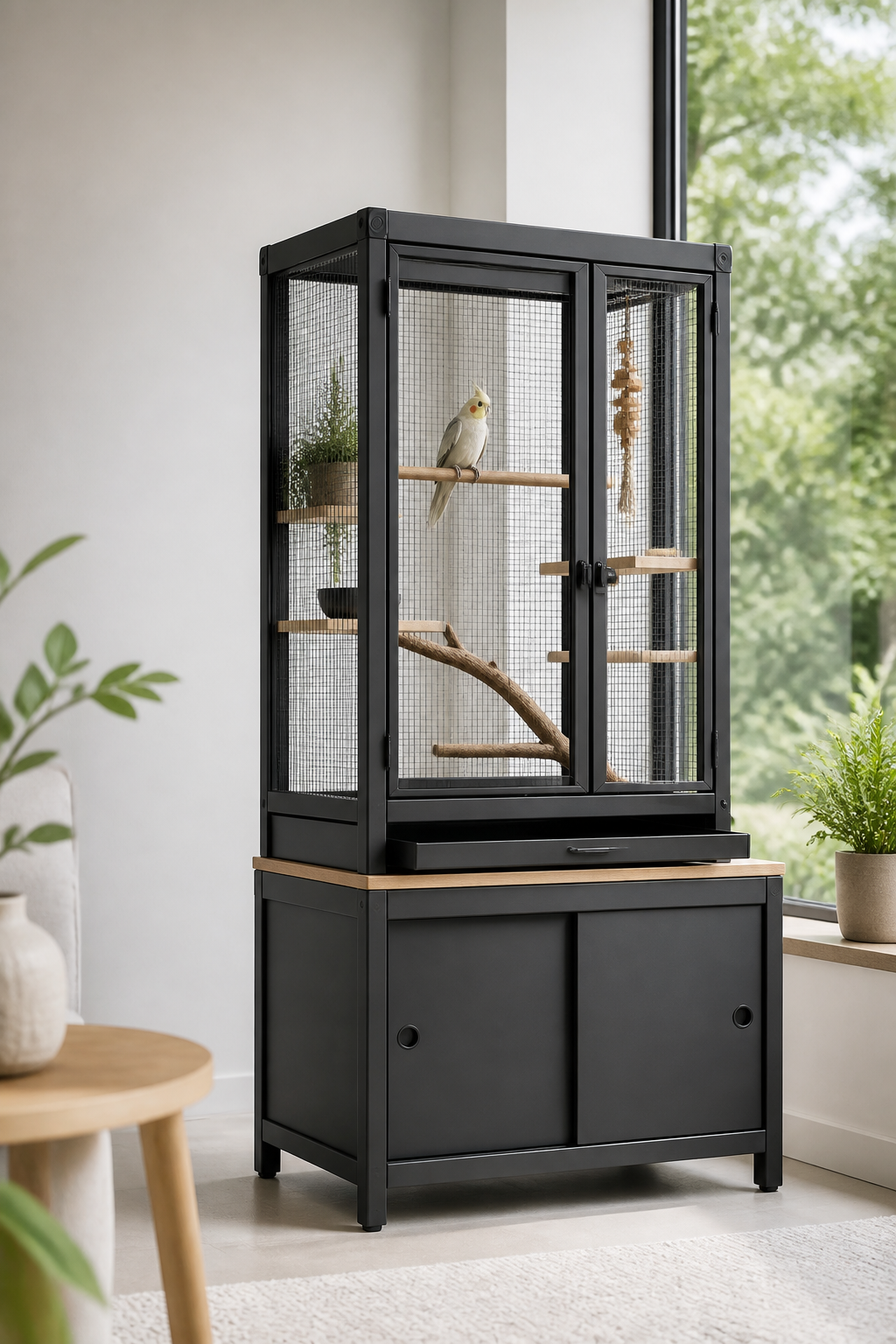 Illustrative modular small bird habitat concept in a bright home